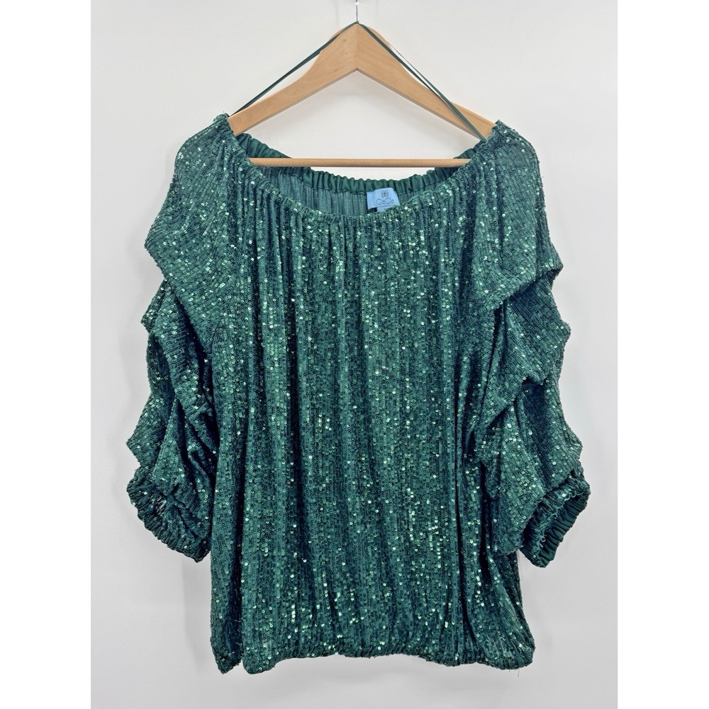 Cece Emerald Sequin Scrunched Top XL 3/4 Sleeve Lantern Sleeve Elastic Waist
